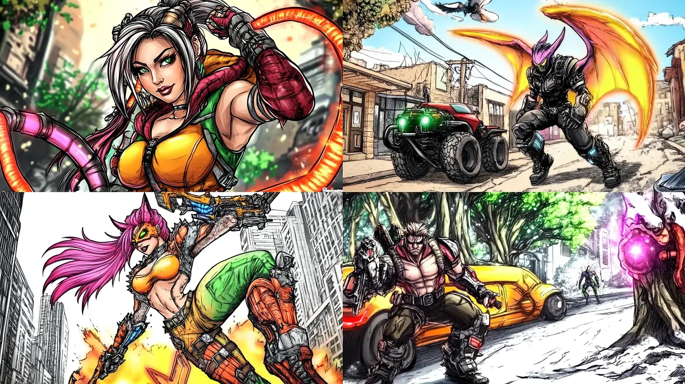 Dynamic Comic Book Artistry with Vivid Chromatic Energy - Midjourney sref style
