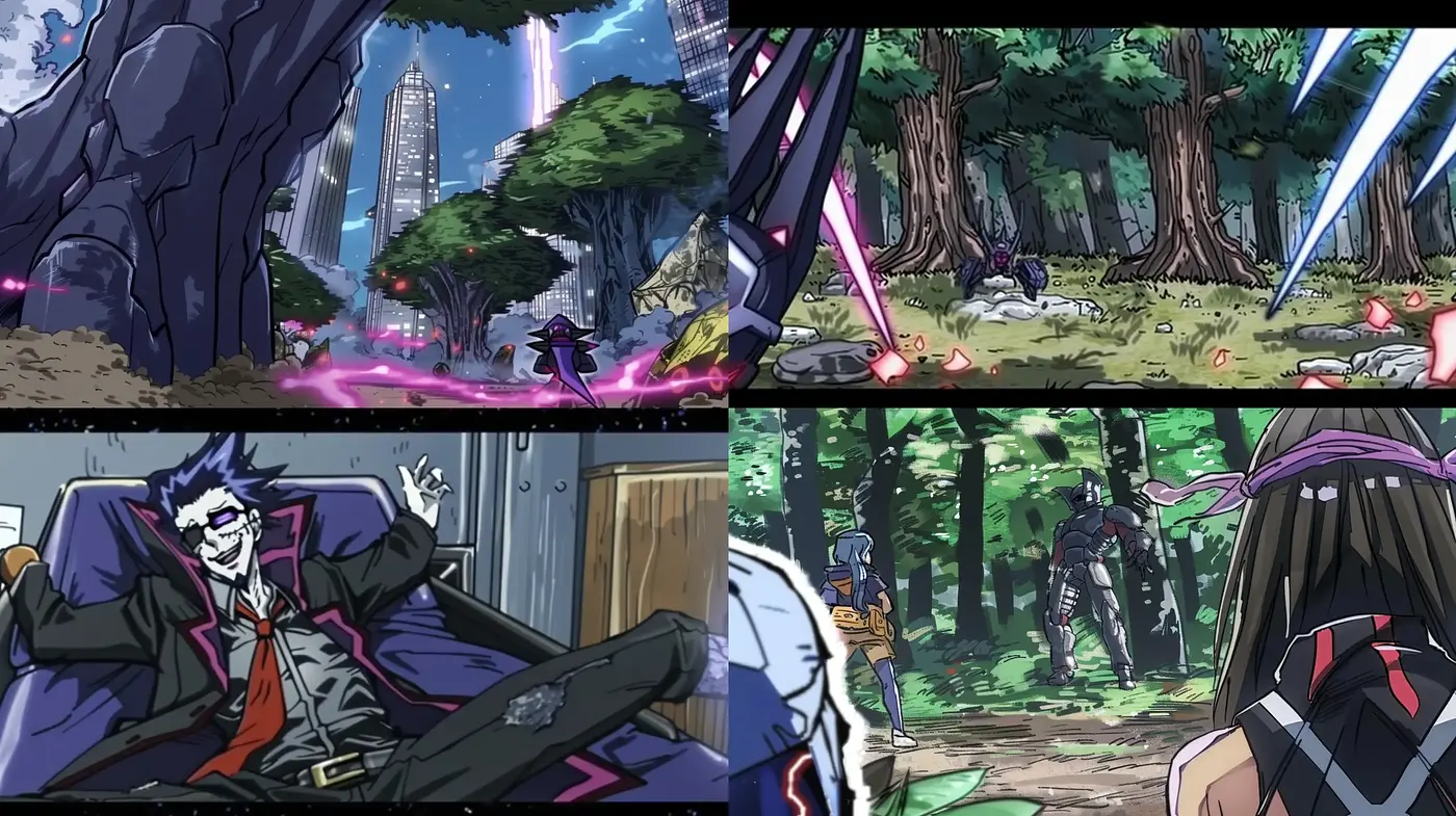 Dynamic Anime-Inspired Action Scenes with Vibrant Color Contrasts - Midjourney sref style