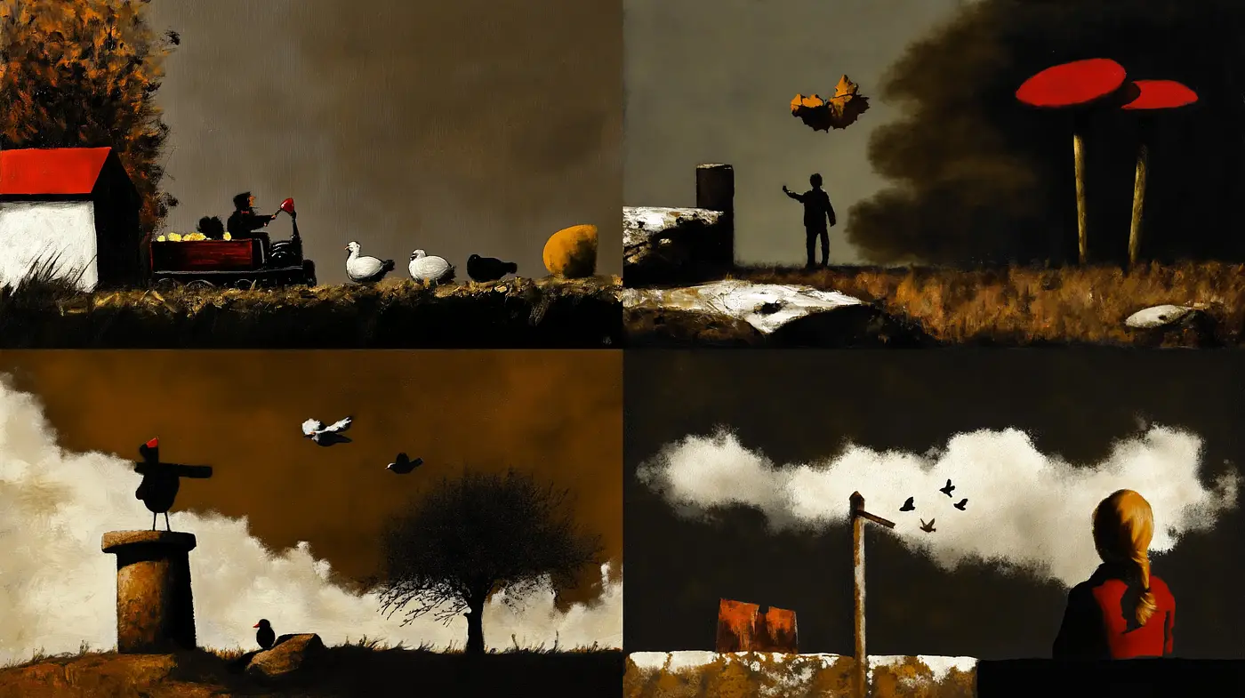 Rustic Elegance in a Surreal Countryside: A Consistent Exploration of Mood and Texture - Midjourney sref style