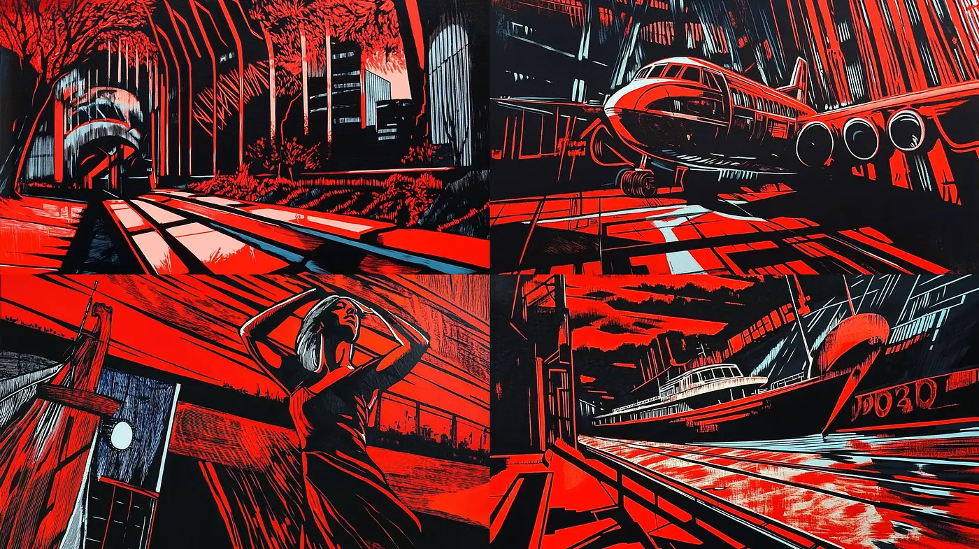 Futuristic Noir Red-Black Contrasts in a Dynamic Woodcut Style - Midjourney sref style