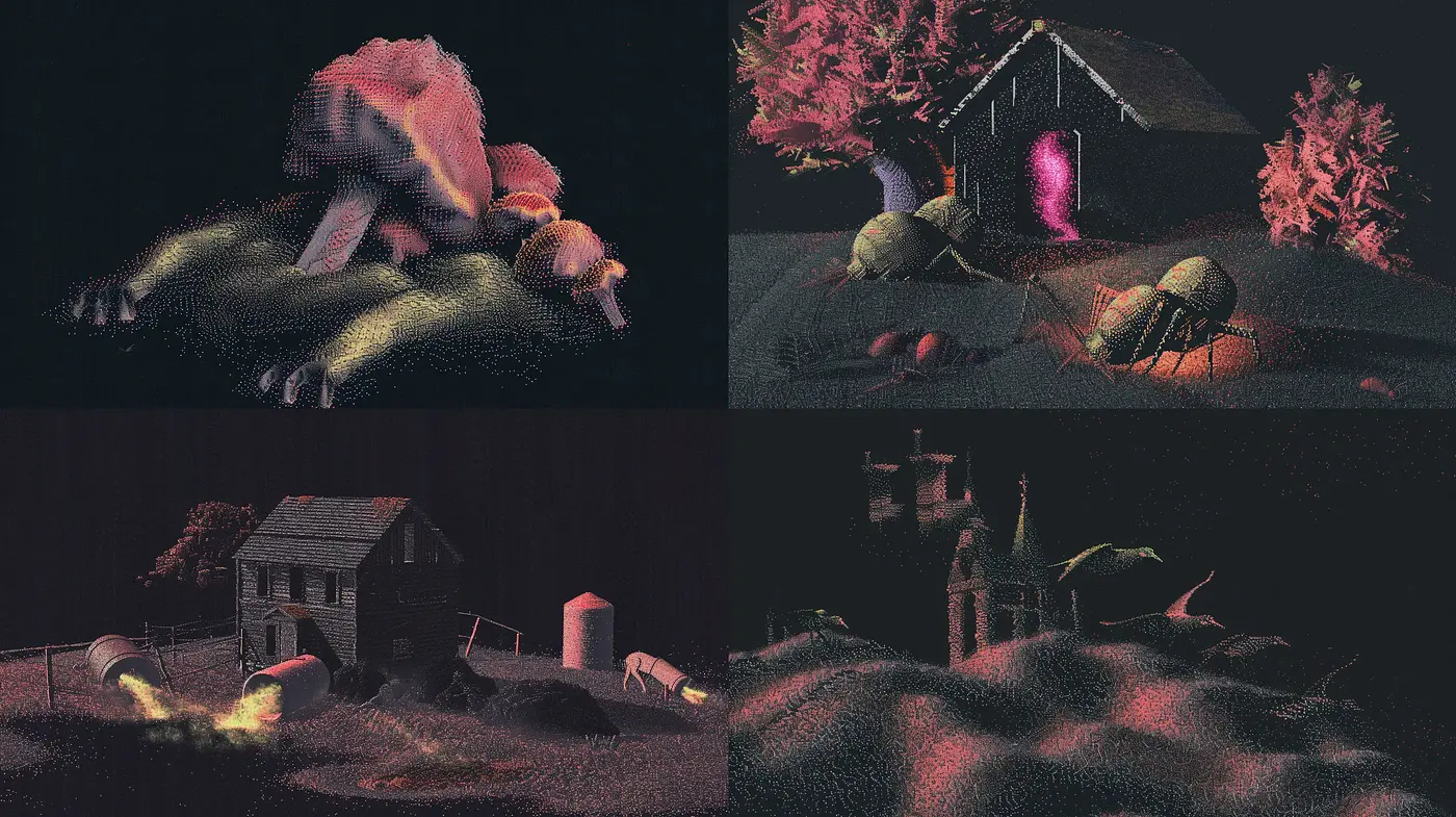 Gloaming Whispers: A Stipple Dreamscape Melding Farm Life with Surrealist Undertones - Midjourney sref style