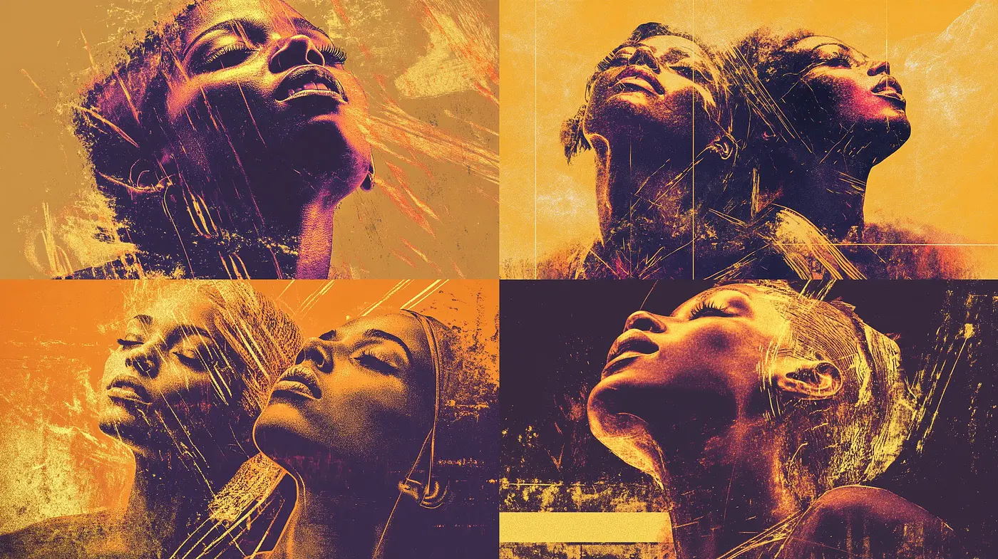 Sunset Hues and Silhouetted Forms: A Fusion of Digital Textures and Warm Tonalities - Midjourney sref style