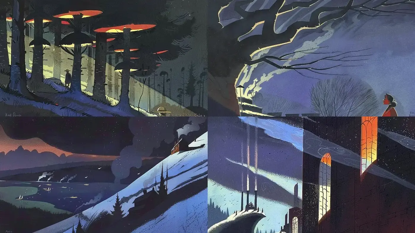 Mid-century modern landscapes with surreal undertones - Midjourney sref style