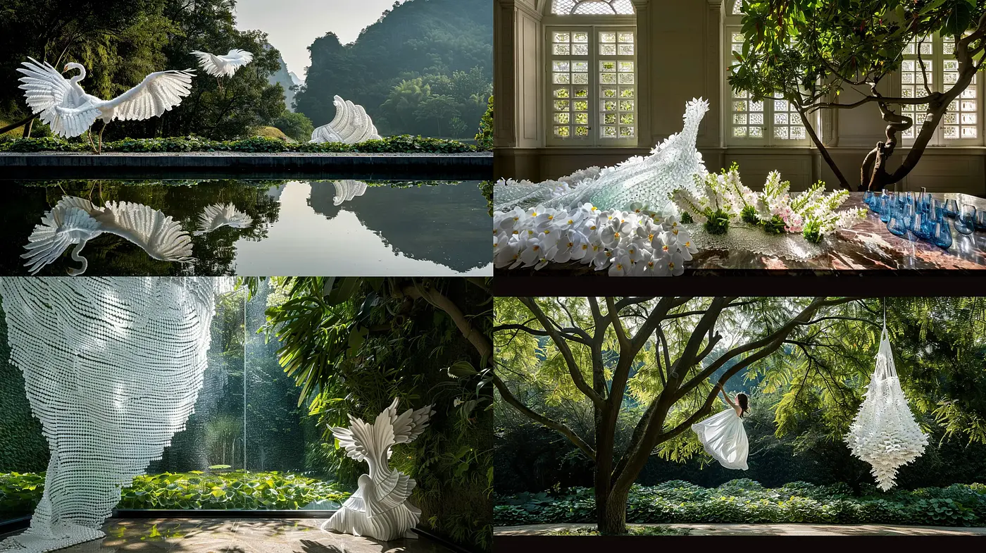 Ethereal Botanical Serenity with Sculptural Birds - Midjourney sref style