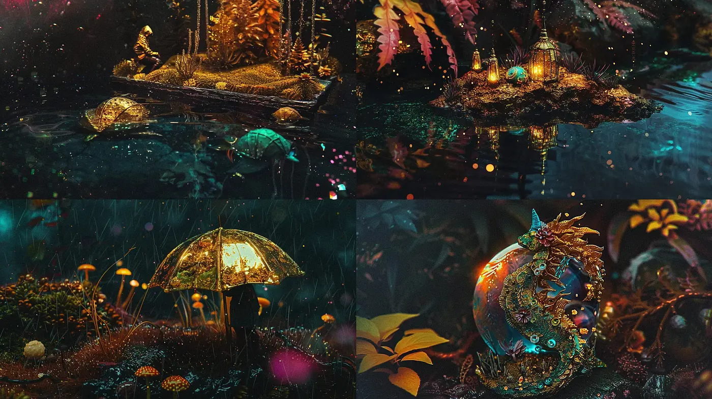 Enigmatic Midnight Gardens: A Luminous Scape of Fantasia and Glow - Midjourney sref style