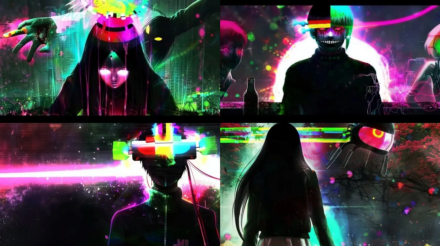 Neon Dystopia Portraits: A Fusion of Cyberpunk Aesthetics and Digital Glitch Art - Midjourney sref style