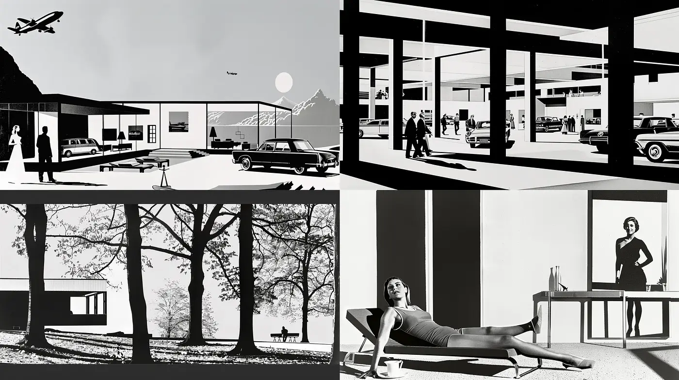 Monochromatic Homage to Mid-Century Modern Aesthetics and Architecture - Midjourney sref style