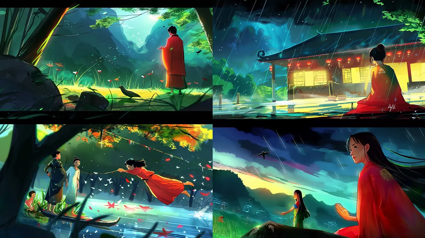 Ethereal Luminance: A Cinematic Fusion of Eastern Aesthetics with Vibrant Storybook Hues - Midjourney sref style