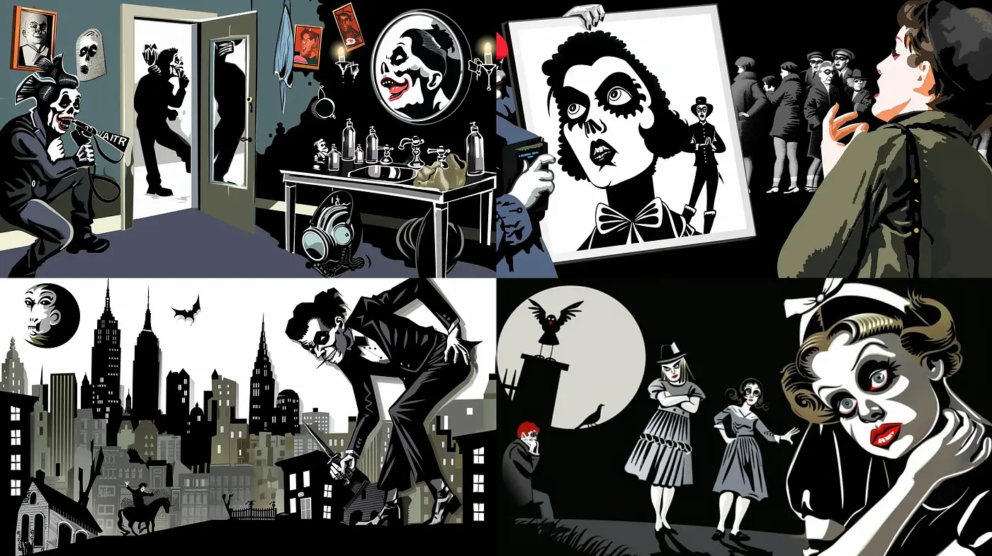 Film Noir Revival in Monochrome Graphic Illustration - Midjourney sref style
