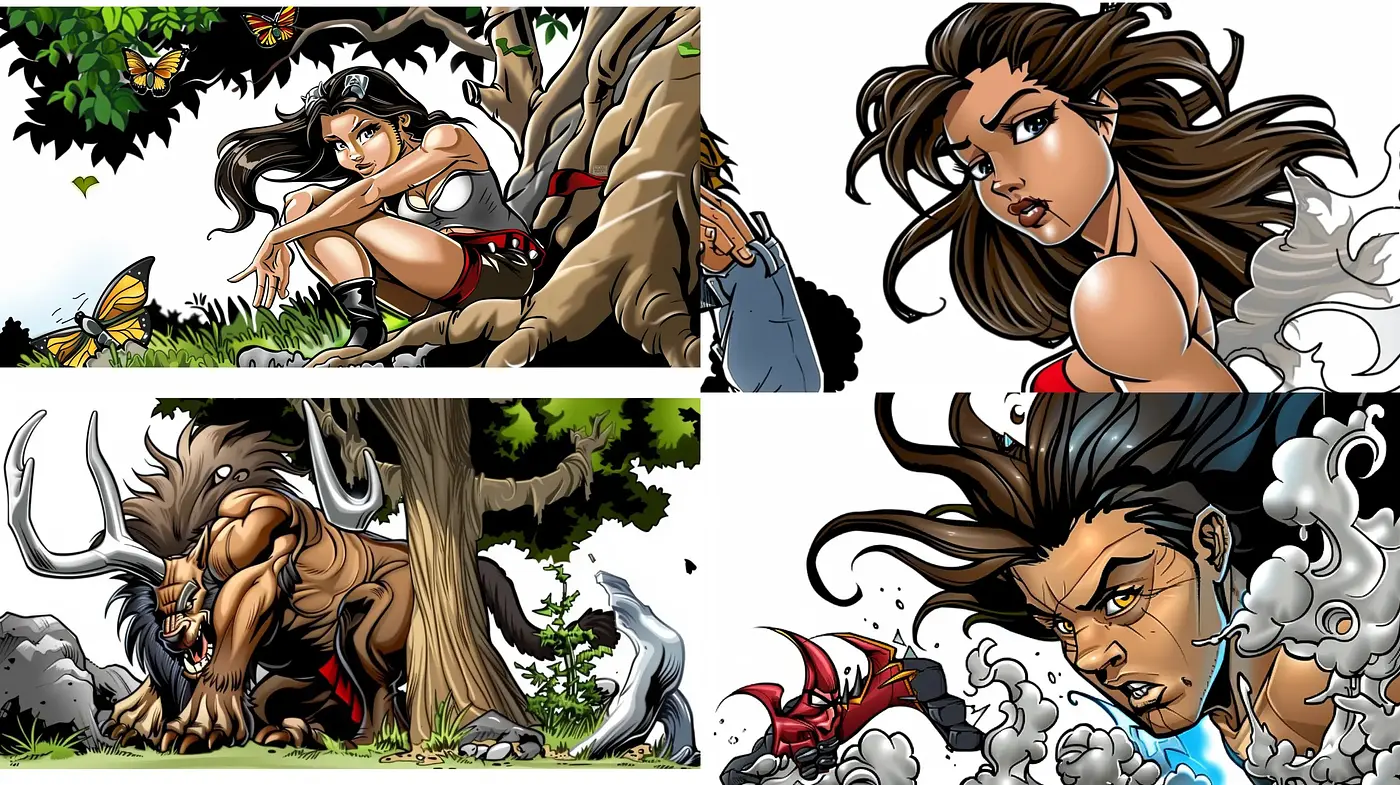 Dynamic Comic Book Style Illustration with Vivid Outlines and Expressive Poses - Midjourney sref style