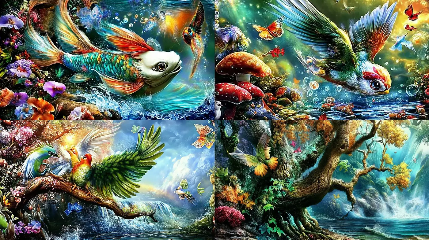 Vibrant Ecosystem Fusion: A Synchronized Dance of Color and Fantasy - Midjourney sref style