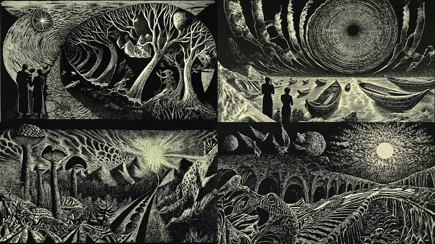 Ethereal Dreamscape in Noir Etching - Midjourney sref style