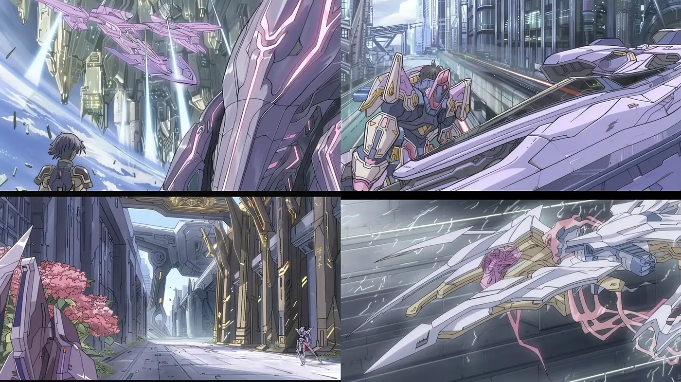 Futuristic Anime-Inspired Metropolis: A Consistent Vision Across Four Vistas - Midjourney sref style