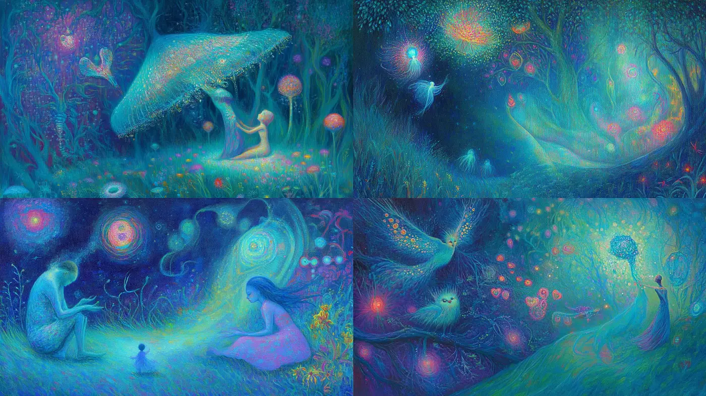 Enchanted Nocturnal Dreamscape: A Whimsical Journey Through Luminous Night Visions - Midjourney sref style