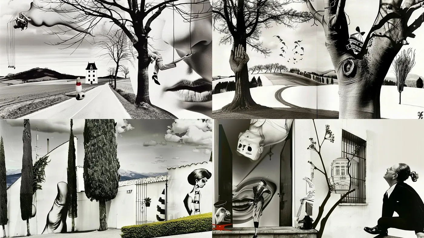 Surreal Monochromatic Dreamscape with Contrasted Realities - Midjourney sref style