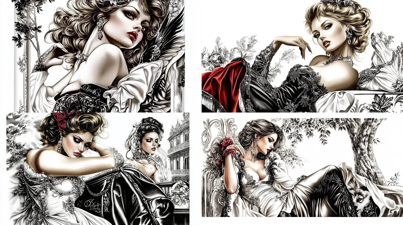 Elegant Noir Fantasy: A Homage to Opulent Monochrome Illustrations - Midjourney sref style
