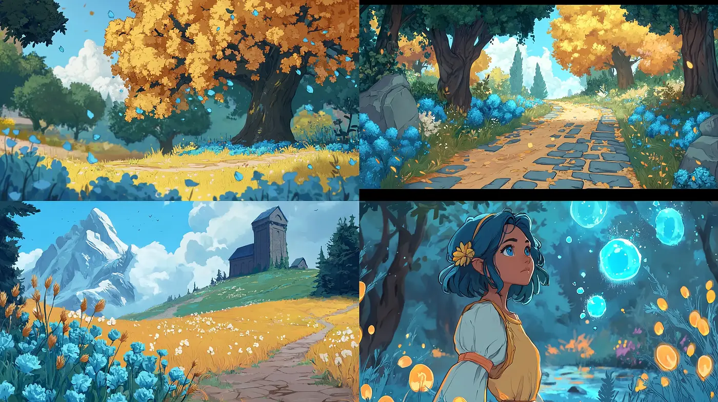 Serene Pastoral Dreamscapes with Harmonious Blue and Gold Tones - Midjourney sref style
