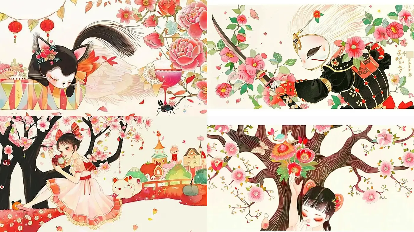 Elegant Blossom Dreamscape: A Fusion of Traditional Japanese Art and Fairytale Fantasy - Midjourney sref style