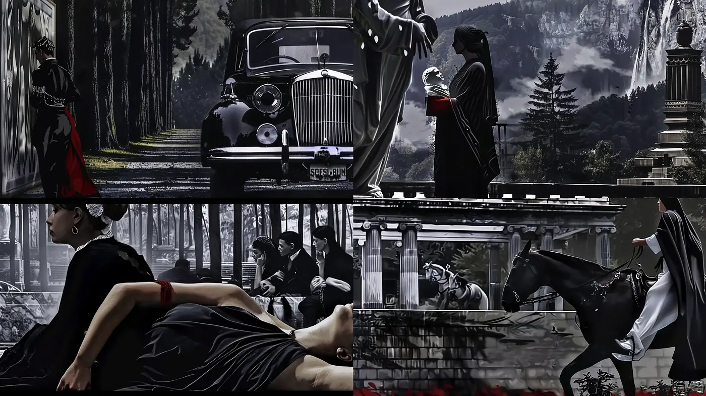 Monochromatic Elegance with Splashes of Red: A Nostalgic Fusion of Gothic and Film Noir Sensibilities - Midjourney sref style