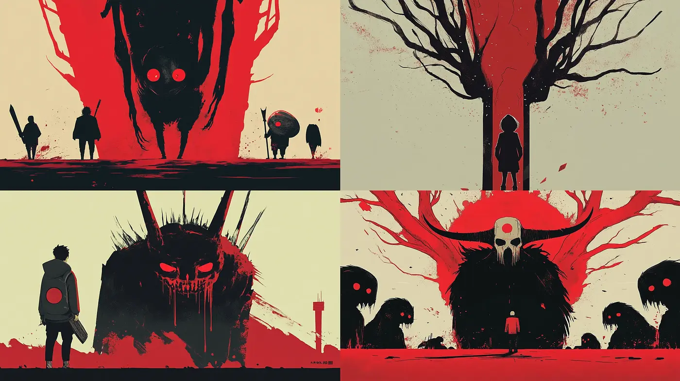 Stark Silhouette Contrast with a Surreal Red Palette - Midjourney sref style