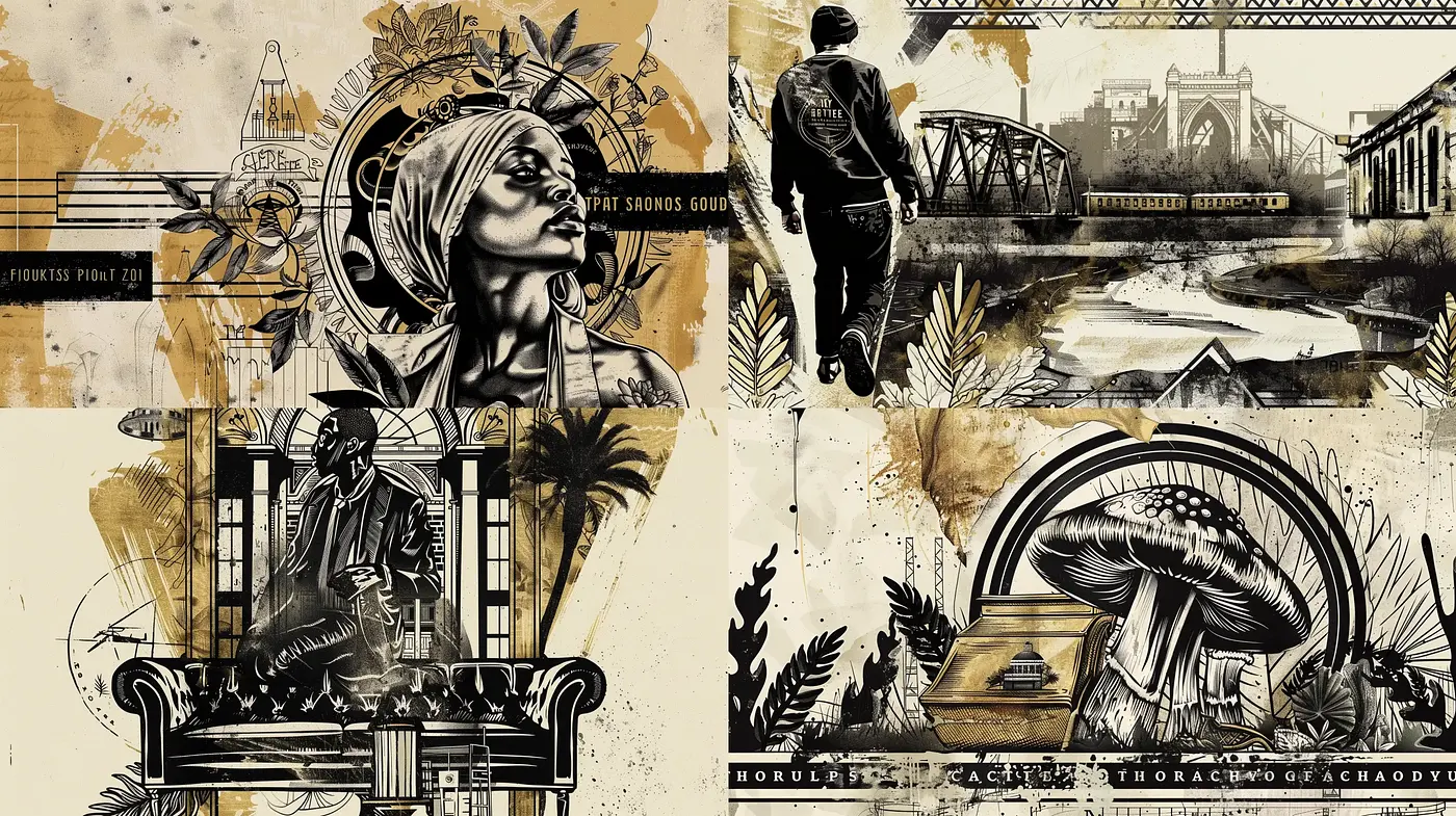 Nostalgic Monochrome Urban Collage with Botanical Accents - Midjourney sref style