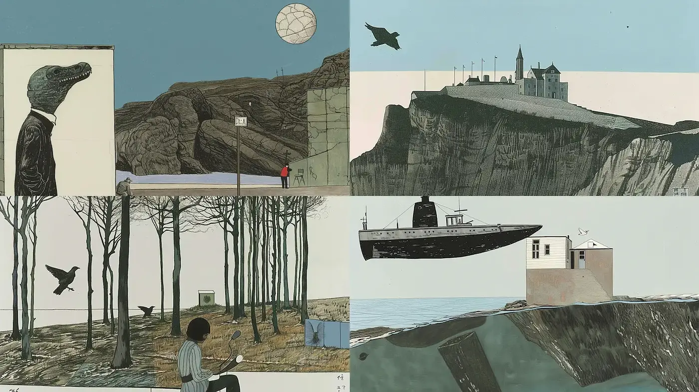 Surrealistic Illustrations with a Retro Aesthetic and a Mysterious Atmosphere - Midjourney sref style