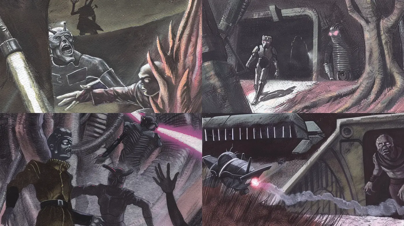 Gritty Futuristic Sci-Fi Illustrations with a Hint of Noir and Expressionism - Midjourney sref style