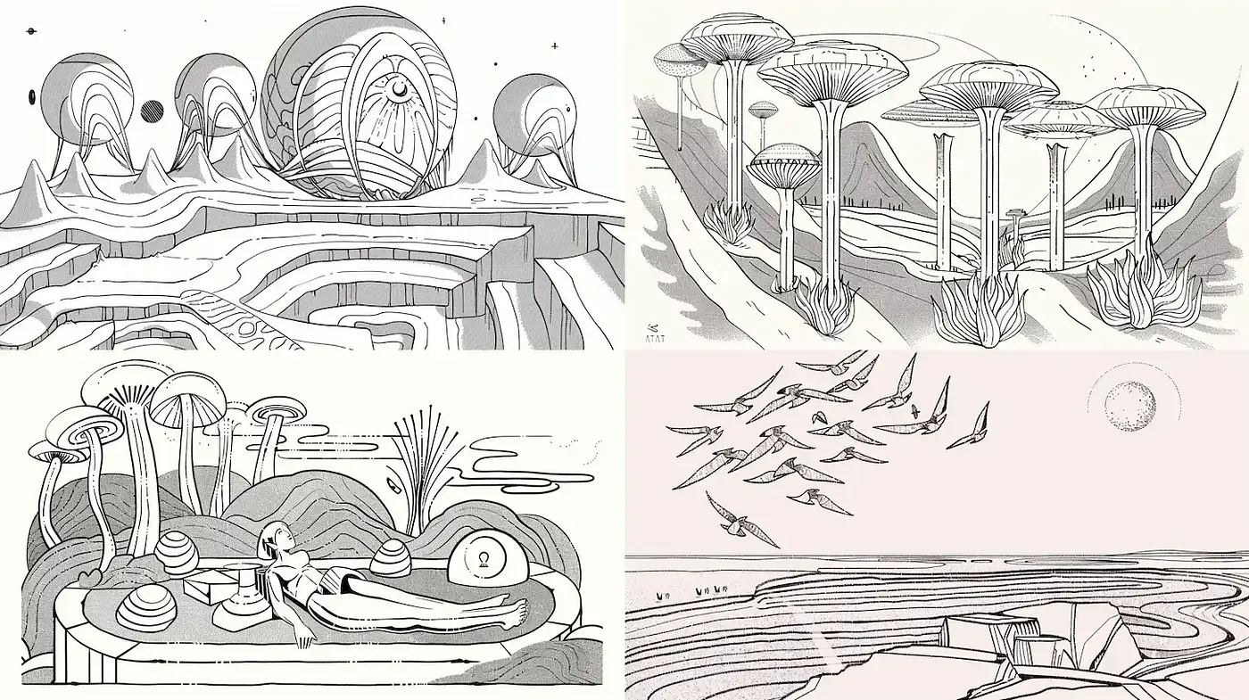 Monochromatic Fantasia: A Homage to Surreal Dreams - Midjourney sref style