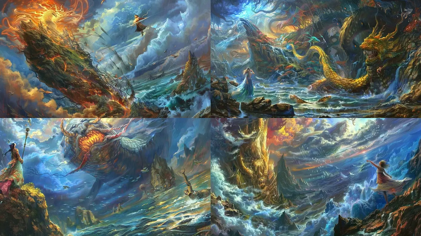 Epic Mythical Seascape: A Vivid Stroke of Surrealist Visual Storytelling - Midjourney sref style