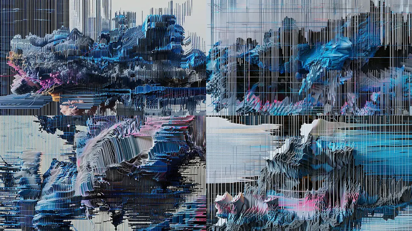 Contemporary Abstract Landscapes with Distorted Textures and Dynamic Color Play - Midjourney sref style