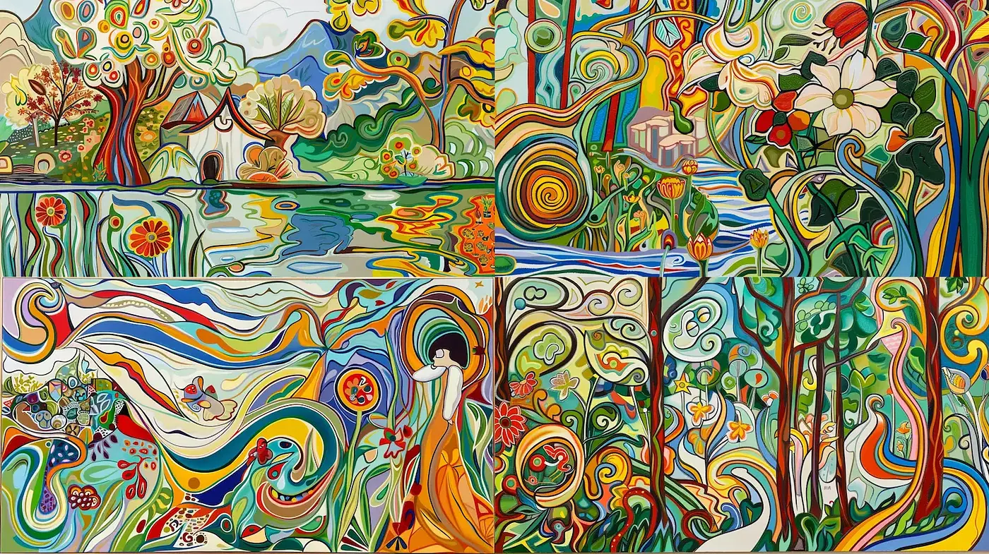 Vibrant and Whimsical Nature Inspired Composition with Influences of Art Nouveau - Midjourney sref style