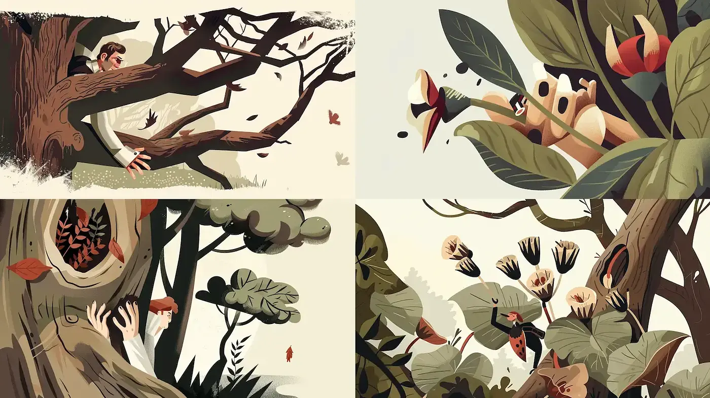 Whimsical Naturalist Illustrations with Subdued Earthy Tones - Midjourney sref style