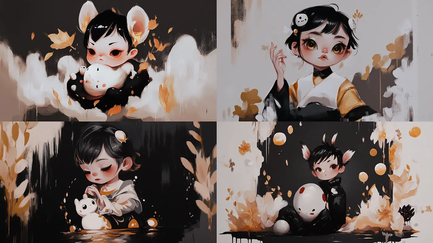 Whimsical Autumn Fantasy with Ebony and Amber Overtones - Midjourney sref style