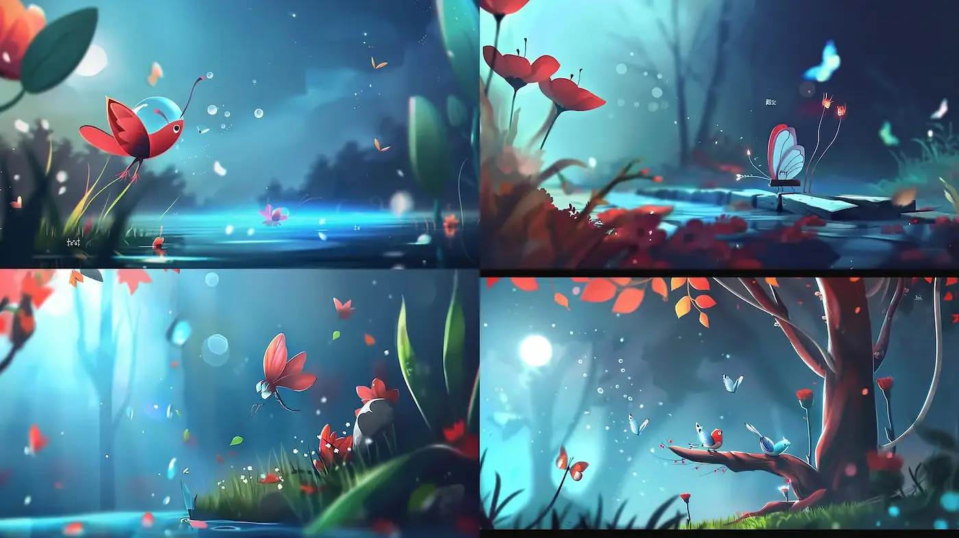 Whimsical and vibrant fantasy landscape with enchanting flora and fauna - Midjourney sref style