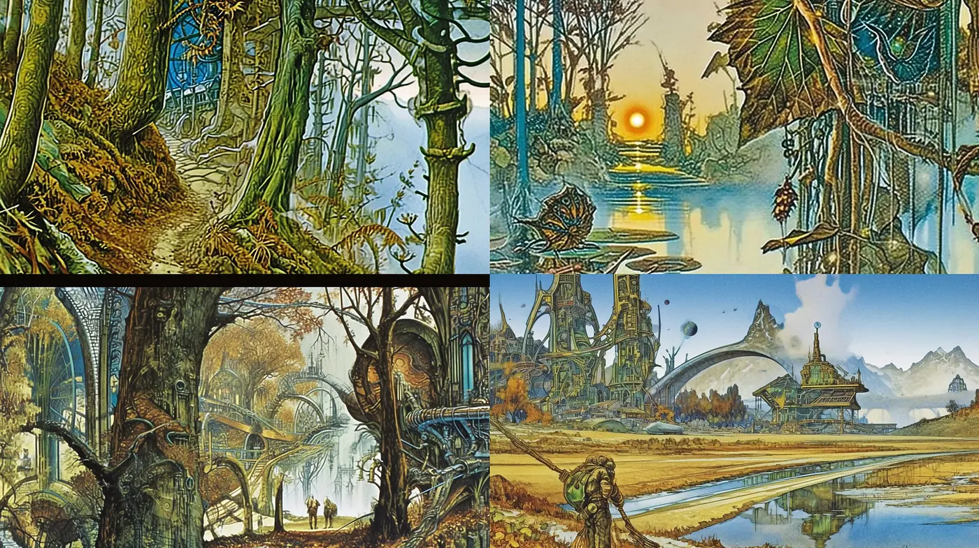 Ethereal Fantasy Worlds in Dreamlike Hues and Intricate Detail - Midjourney sref style