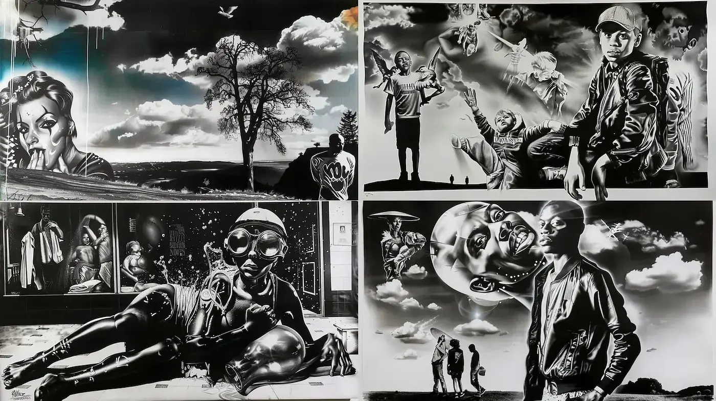 Dynamic and Expressive Black-and-White Surrealism with Artistic Depth - Midjourney sref style