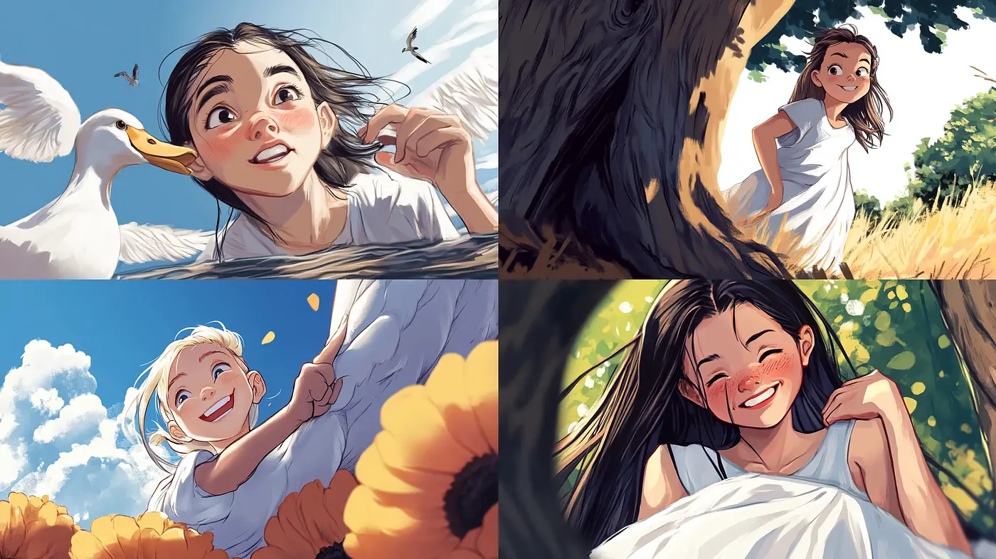 Idyllic Serenity in Sunlit Vistas: A Tranquil Blend of Luminous Hues and Joyful Scenes - Midjourney sref style