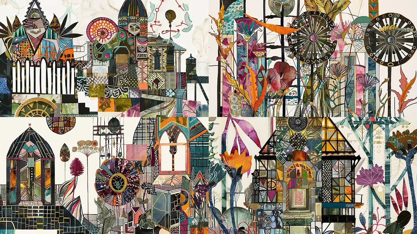 Eclectic Botanical Dreamscapes in Mosaic - Midjourney sref style