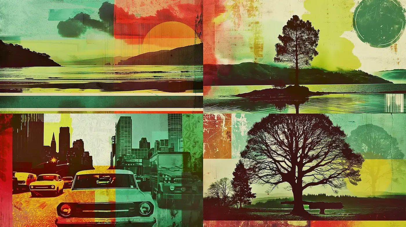 Vibrant Retro Collage with Nature and Urban Elements - Midjourney sref style