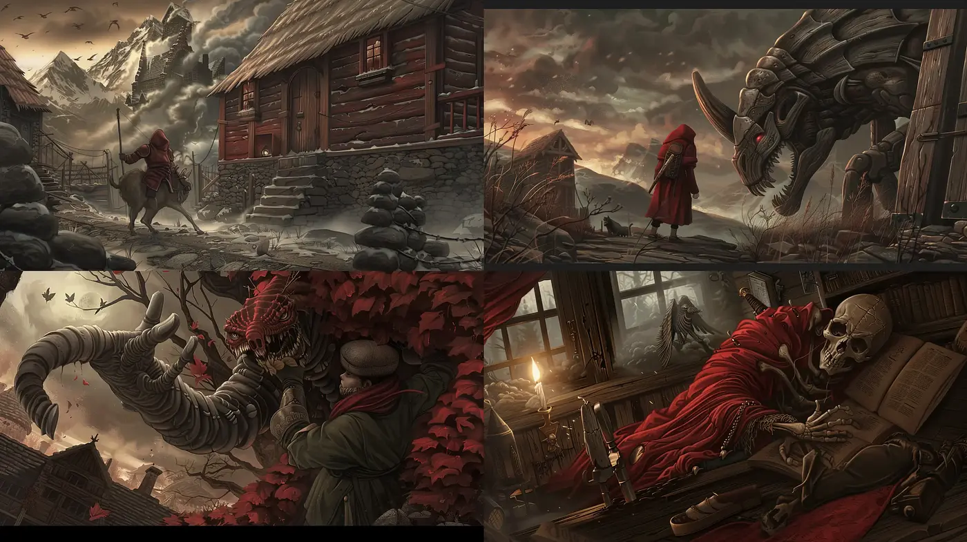 Epic Tales of Red Cloak: A Mythic Dark Fantasy Visualization - Midjourney sref style