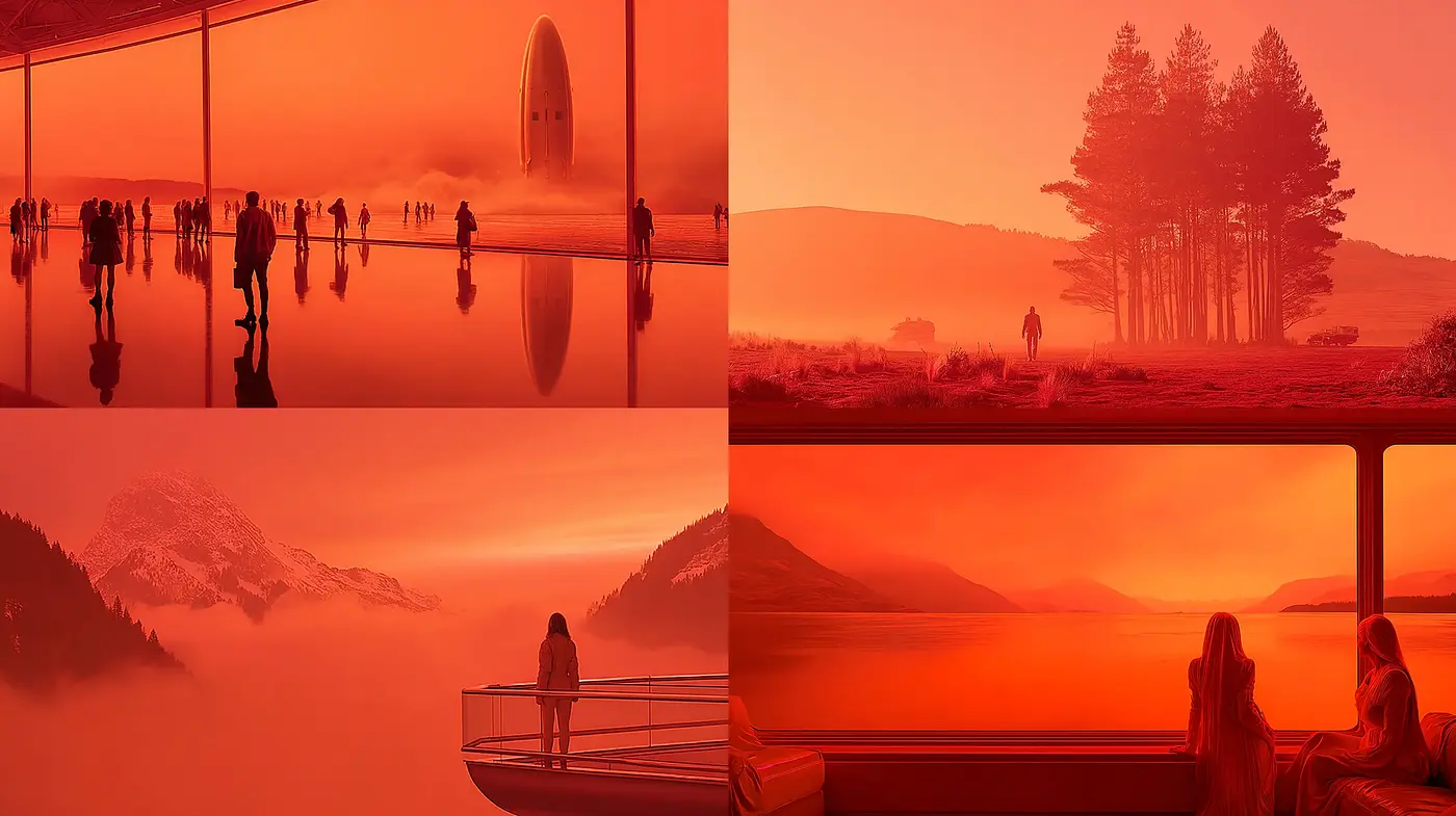 Surreal and Atmospheric Red-Toned Imagery Evoking Futuristic Landscapes - Midjourney sref style