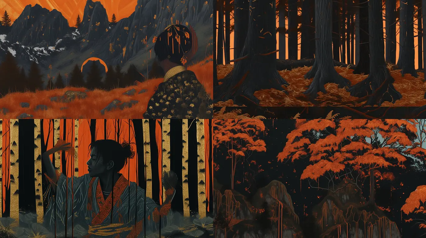 Twilight Hues and Silhouetted Forms: A Contemporary Take on Traditional East Asian Art - Midjourney sref style