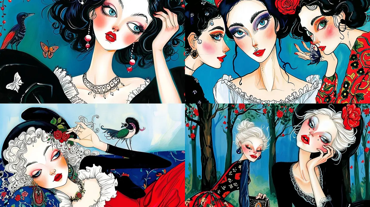 Elegantly Stylized Art Nouveau Tableau with Vibrant Contrasts - Midjourney sref style