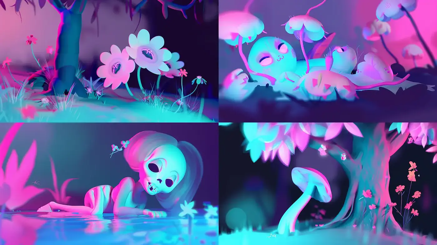 Whimsical Surrealism with a Neon Palette and Soft Textures - Midjourney sref style