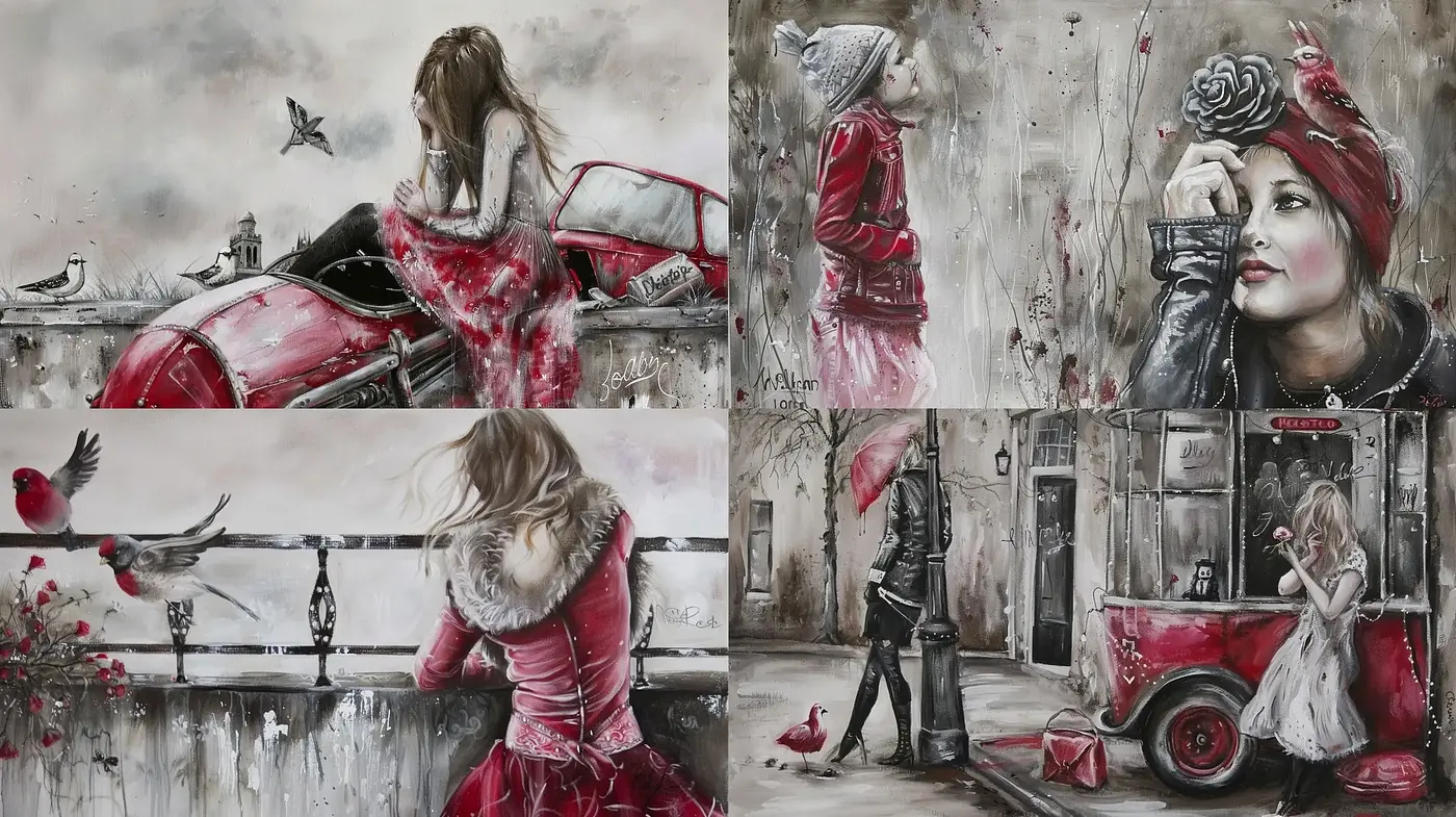 Melancholic Elegance in Monochrome and Crimson - Midjourney sref style