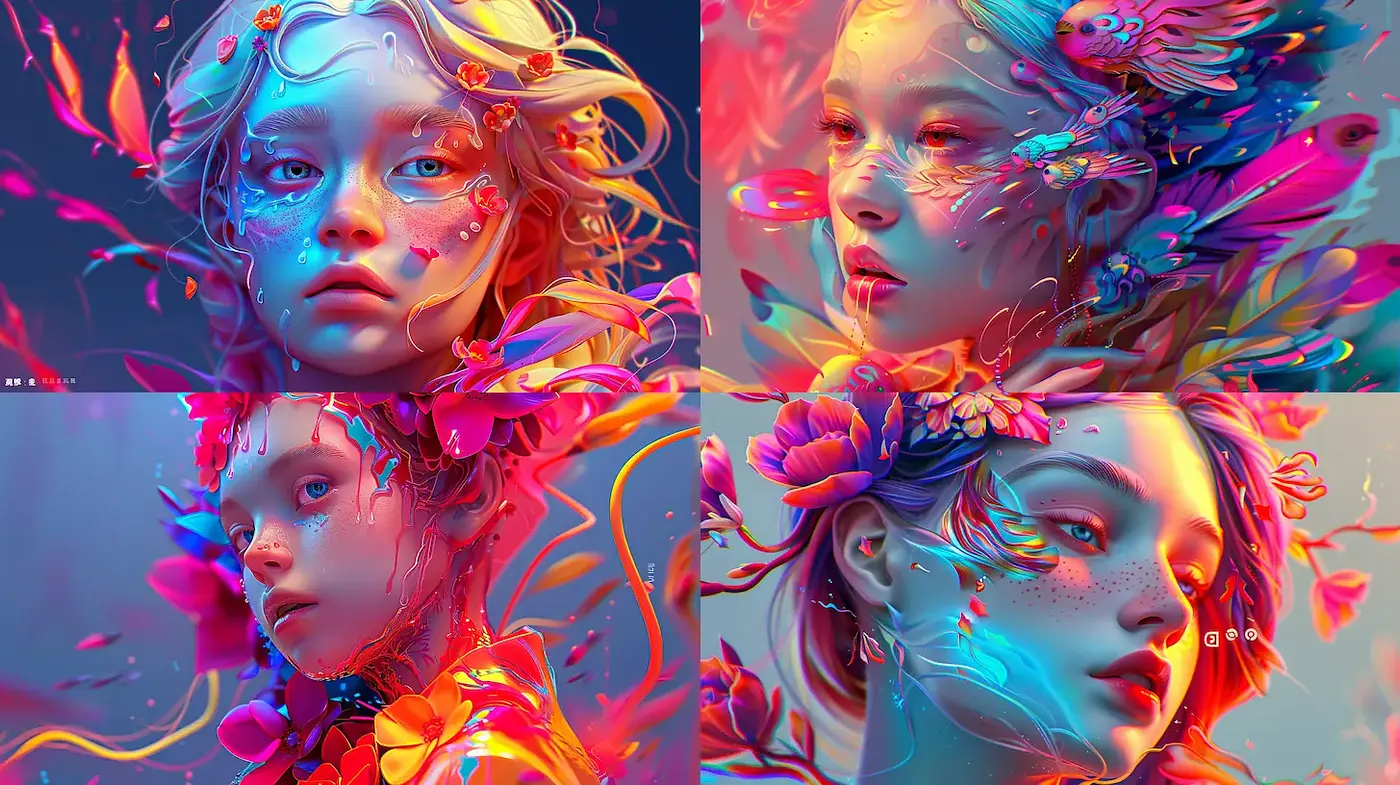 Vibrant and Ethereal Portraits with Floral and Fluid Elements - Midjourney sref style