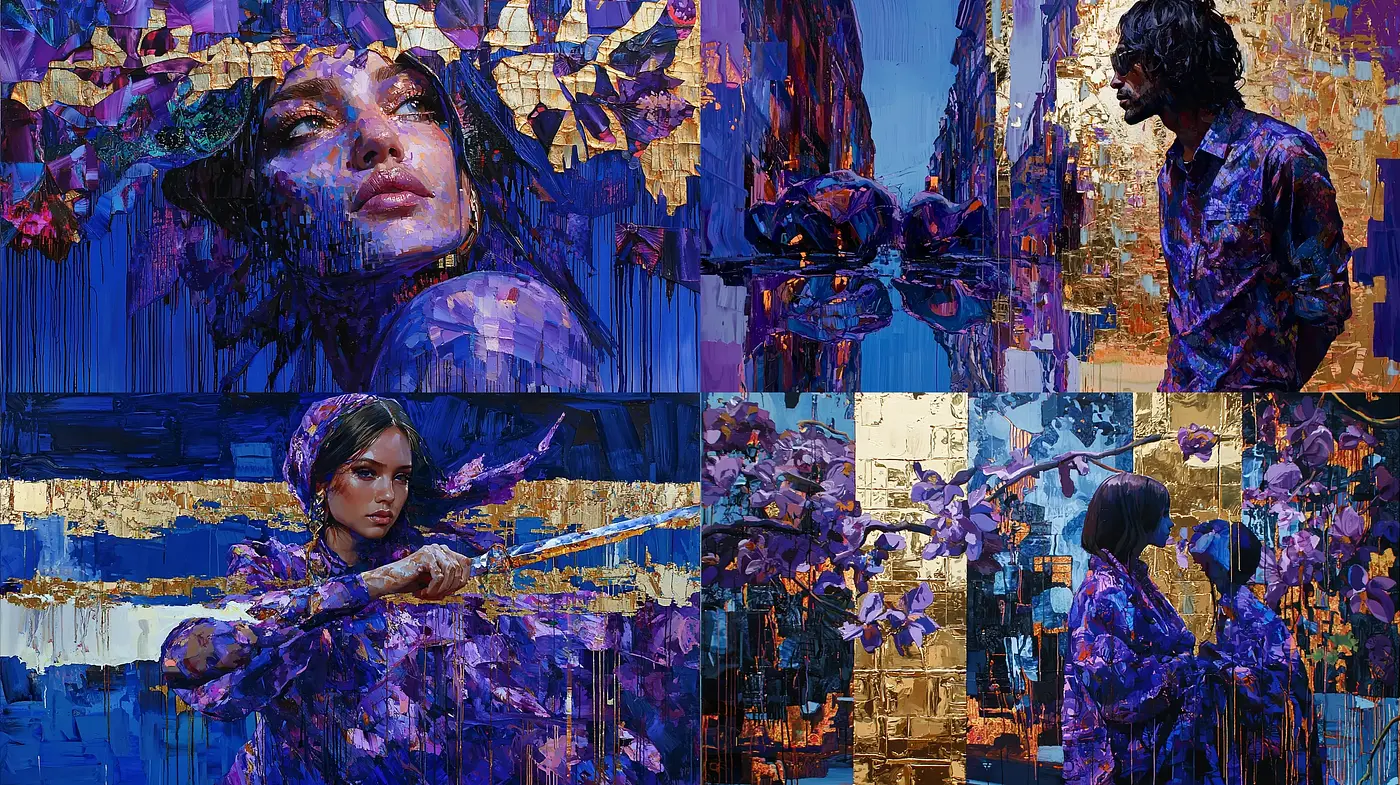 Enigmatic Sapphire Hues in Textured Brushwork - Midjourney sref style