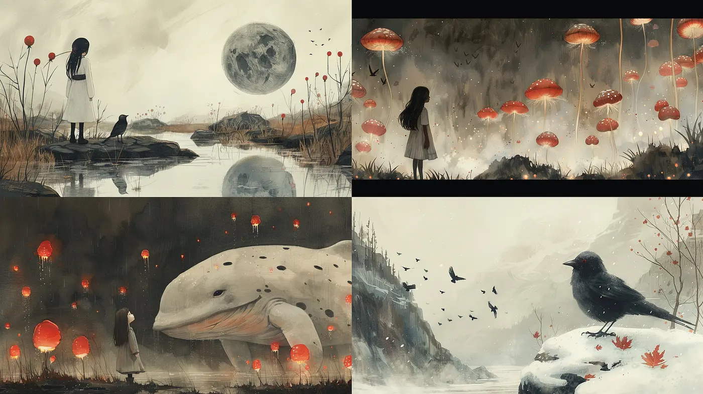 Ethereal Dreamscape: A Serene and Melancholic Fusion of Surreal Elements with a Monochromatic Essence - Midjourney sref style