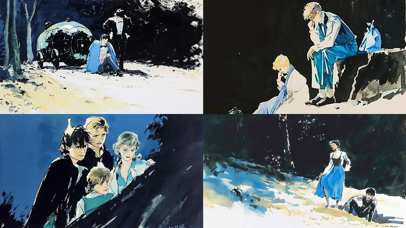 Ethereal Watercolor Dreamscape: A Serene Blend of Blues and Monochrome Shades - Midjourney sref style