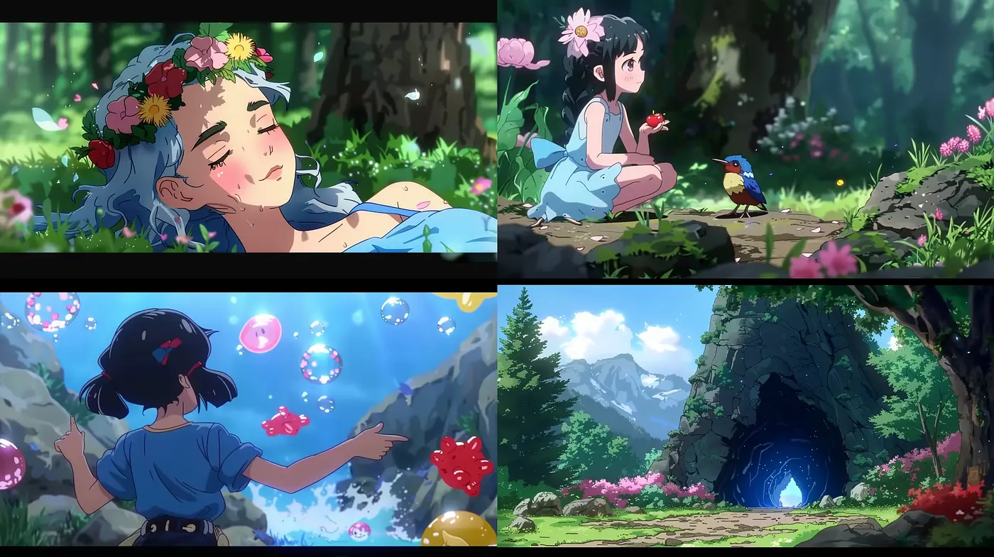 Enchanted Serenity in Nature: A Homage to Anime Scenery with Lush Vernal Palettes - Midjourney sref style